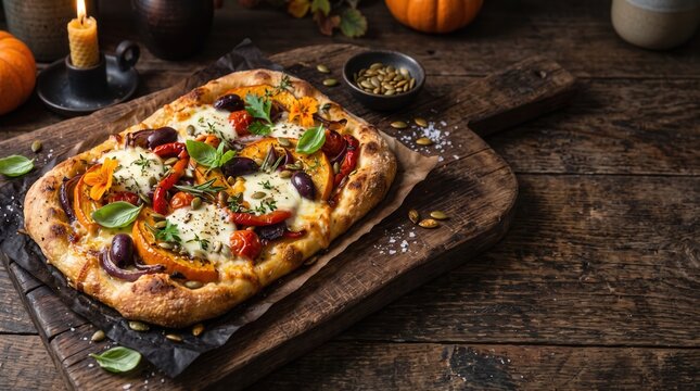 Autumnal flatbread pizza with pumpkin, tomatoes, and olives on a rustic board. Delicious seasonal comfort food for fall gatherings, harvest celebrations, and cozy home dining experiences.