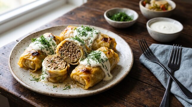 Homemade cabbage rolls with meat and rice, topped with sour cream and dill. Traditional Eastern European comfort food, perfect for family meals, cultural cuisine, and hearty dining experiences.
