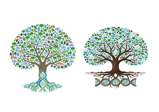 Health and wellness trees vector illustration featuring dna roots, fitness icons, nutrition, and sleep symbols