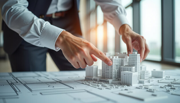 architect model with scale city maquette on blueprint table, architect model showing modern mixed-use towers, streets and site plan, hands arranging pieces,