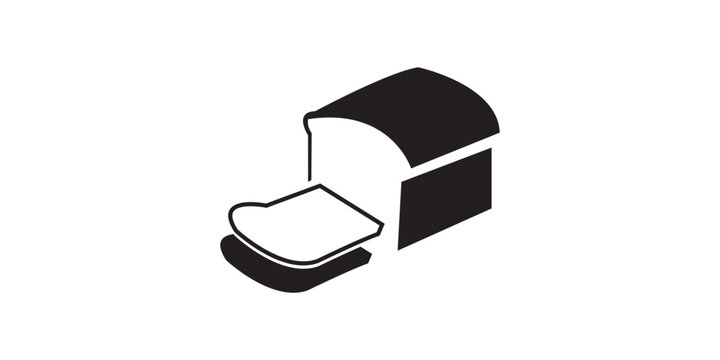 Simple black and white vector icon illustrating a fresh loaf of bread with a single slice removed, perfect for food-related designs or menus.