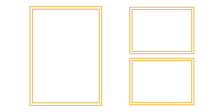 Set of elegant golden rectangular frames with double-line borders, including portrait and landscape orientations, for design projects.