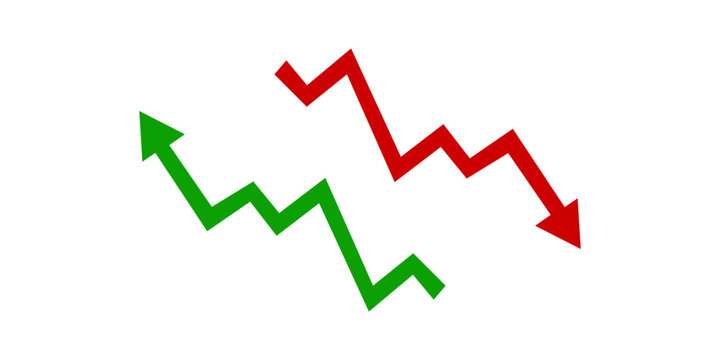 Dynamic vector illustration featuring contrasting green upward and red downward zigzag arrows, symbolizing market trends, growth, and decline.