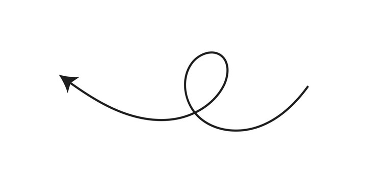 Elegant black vector arrow forming a graceful loop, pointing left, symbolizing return, rewind, or a continuous cyclical process.