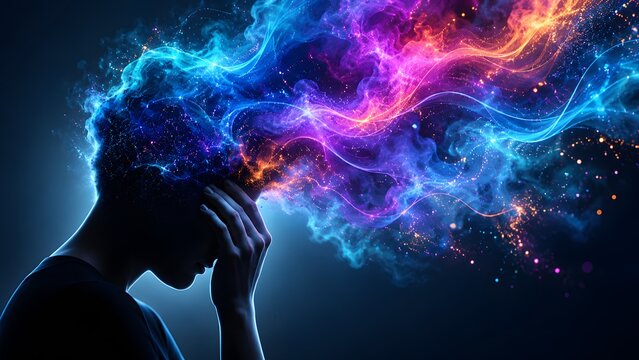 Silhouette of a person with hands on head below glowing colorful energy clouds. Concept of mental health awareness and creative thinking process.