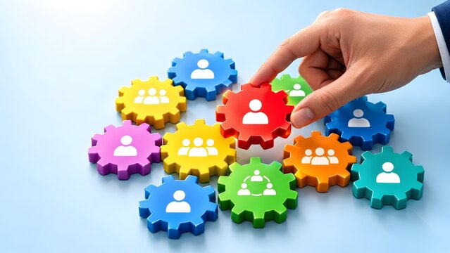 Hand connecting a red gear into a group of colorful gears with people icons. Concept of human resources management and corporate team building strategy.