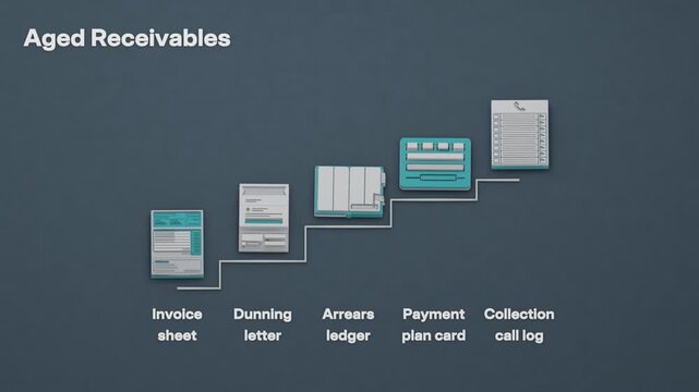 Aged receivables progress through arrears, escalating dunning and collection follow-up as a payment plan replaces the overdue balance. Flat 3D style with English labels.