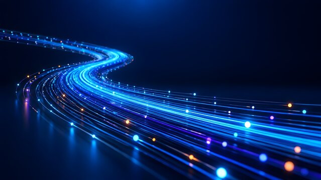 Glowing blue fiber optic cables curving through a dark background. Concept of high speed data transmission and global telecommunication network.