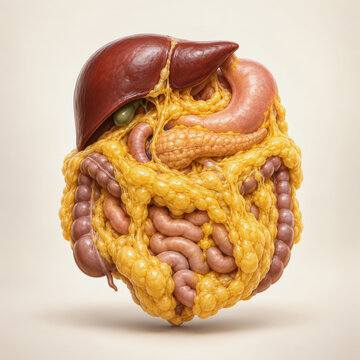 Human visceral fat surrounding internal organs with liver stomach and intestines, 3D rendering