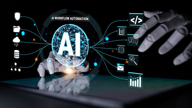 Hands Interacting with Digital Interface Showing AI Workflow Automation Concepts and Icons Representing Technology and Data Processing. Glyphic.