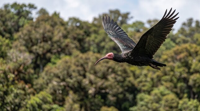 Northern Bald Ibis in flight against a dense green forest background