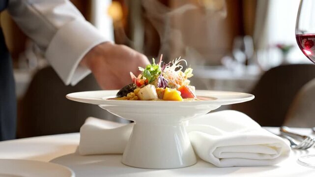 A professional waiter in uniform serves a gourmet hot seafood appetizer on a ceramic plate in an elegant luxury restaurant.