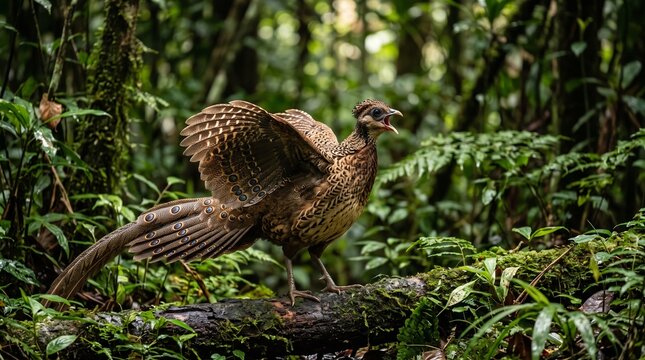 Malayan peacock-pheasant displaying feathers and calling on a mossy log in a dense tropical rainforest