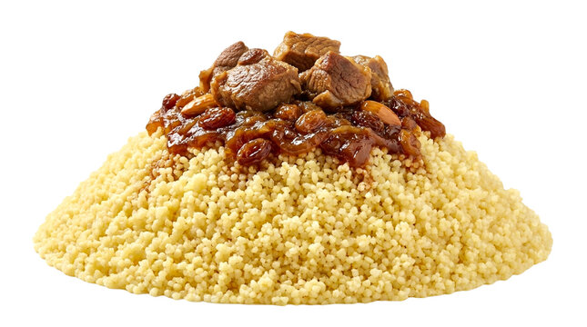 Traditional Moroccan couscous with lamb and raisins, savory semolina grain dish with meat stew, authentic North African cuisine on white background
