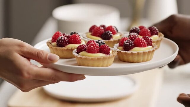 A close-up of a young black man and a white woman sharing small fruit tartlets with fresh berries on a white ceramic plate.
