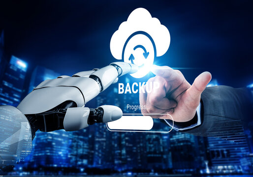 This image showcases a unique interaction between a robot hand and a human hand, symbolizing cloud backup technology amidst a vibrant digital city at night. Ledger