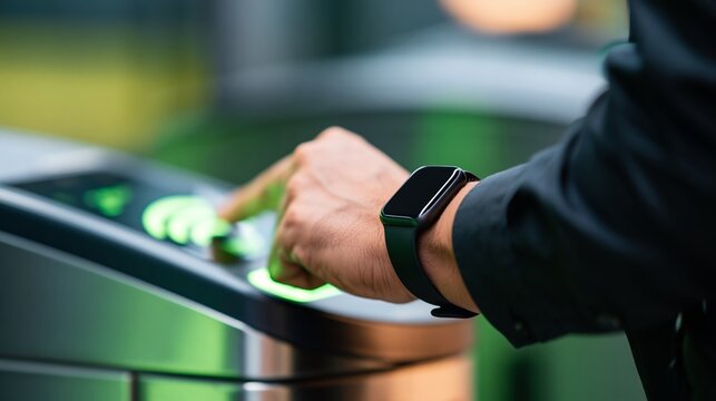 Person paying for public transportation fare by tapping a black smartwatch on a green glowing contactless nfc reader at a station turnstile during the day.
