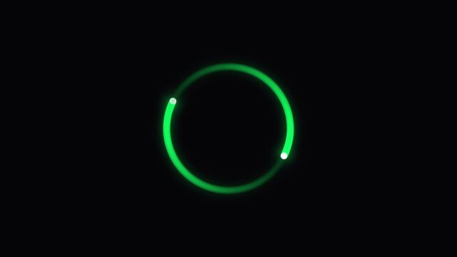 Glowing green neon loading circle animation on black background, for digital interface, buffering progress