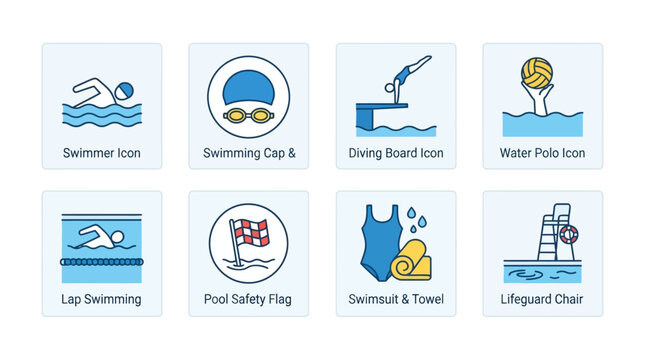 Set of minimal line icons representing swimming pool activities and equipment including swimmer diving board and lifeguard chair