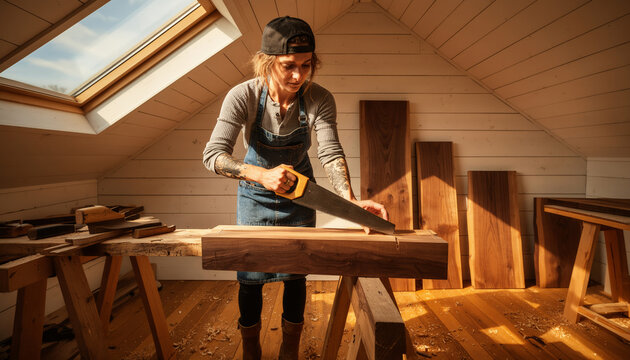 Skilled carpenter hand sawing wooden beam at workbench in attic workshop, surrounded by lumber planks, professional woodworking trade with copy space for text