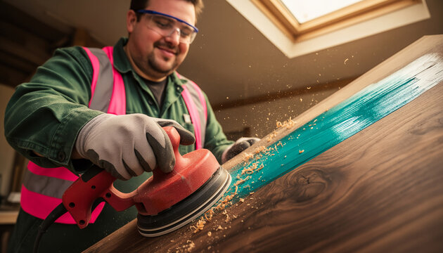 Skilled tradesman sanding wooden beam with orbital sander creating dust, wearing safety vest and goggles, professional woodworking trade with copy space for text