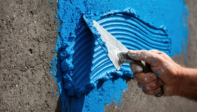 Close up of hand applying blue plaster to concrete wall with notched trowel, professional wall finishing trade and construction craftsmanship with copy space for text