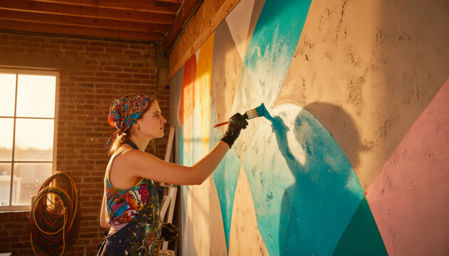 Focused muralist painting colorful abstract mural on brick wall with brush, professional street art and creative craftsmanship with copy space for text