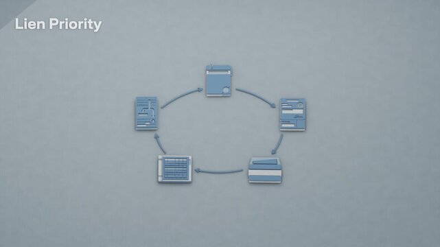 Lien priority proceeds through a standing procedure: a lien is filed, a garnishment order follows, and payroll withholds wages to satisfy the debt. Flat 3D style with an English title card.