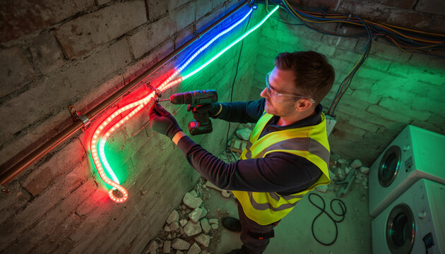 Skilled electrician installing colorful neon light strips on brick wall with power drill, wearing safety vest in basement, professional lighting installation trade with copy space