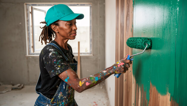 Focused woman painting wall with green roller brush wearing paint splattered overalls, professional interior painting trade with copy space for text