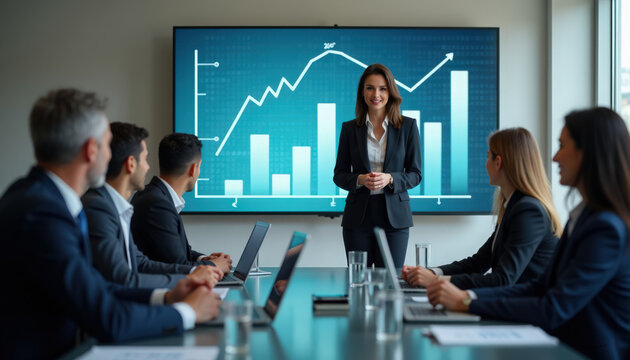 Business presentation with female speaker showing growth chart to attentive audience. Business meeting features professional individuals engaged in discussion with digital analytics displayed.