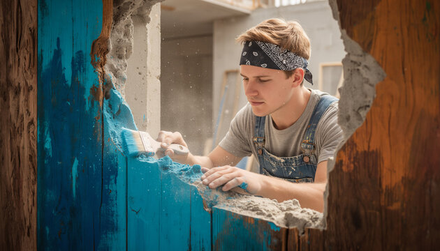 Focused teenage worker painting blue wall through broken opening during home renovation, wearing bandana and overalls, construction trade with copy space for text