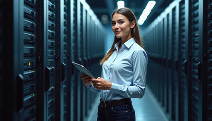 Fototapeta premium Professional woman in data center holding tablet while monitoring server performance, illuminated by blue lighting in rows of servers, highlighting technology and innovation in data management.