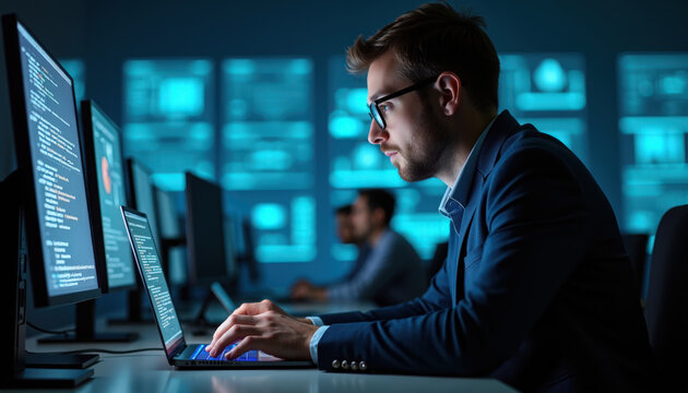 Professional man working on computer in dark office environment with multiple screens displaying data. Focused individual types on laptop while analyzing information on large monitors.