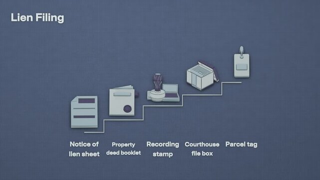 Lien filing progresses through recording the notice and marking the deed, while the release remains pending in the file. Flat 3D style with English labels.
