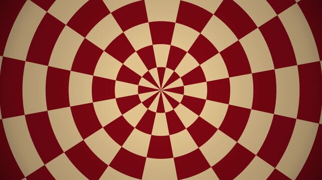 Red and beige radial checkered pattern motion background, hypnotic rotating geometric spiral animation for creative projects