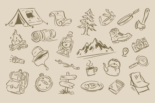Hand drawn camping and outdoor adventure doodle vector element set
