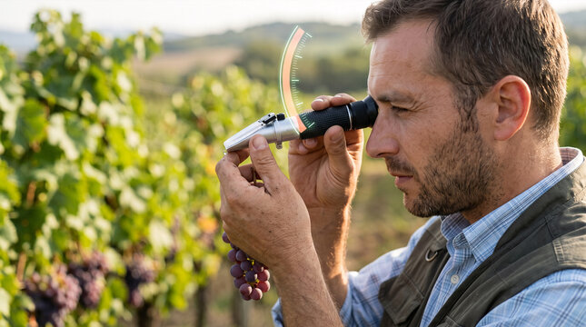 Farmer measures grape sugar content with refractometer in vineyard