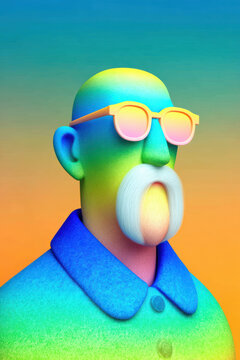 Abstract colorful 3D portrait of a stylish hipster character wearing sunglasses, bold neon gradient lighting