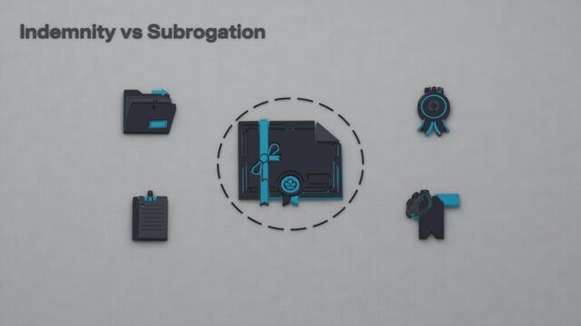 The indemnity bond takes center stage, covering the loss while the subrogation claim awaits recovery proceedings after probate closes. Flat 3D style with an English title card.