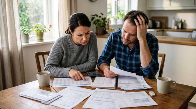 Couple reviewing financial documents and bills at a wooden table