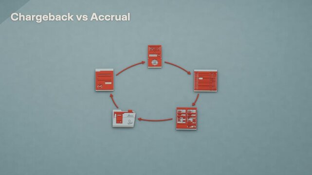 A standing reconciliation workflow weighs a chargeback debit against an accrual, using dispute evidence and credit adjustments to determine which entry remains. Flat 3D style with an English title