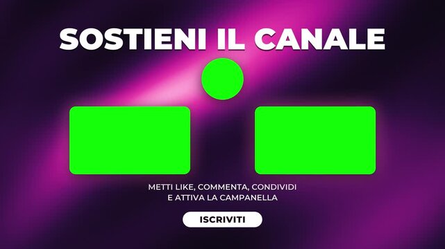 Animated Italian end screen template with neon purple glow and green box placeholders for suggested content. Subscribe button and bell icon prompt viewers to engage and follow the channel.