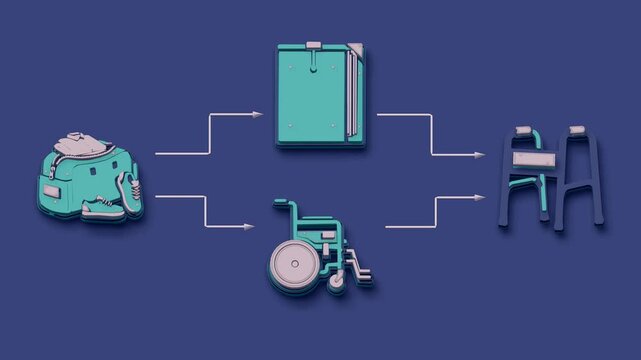 Discharge brings belongings and care paperwork together as wheelchair and walker options mark alternative paths that converge before the patient leaves care. Flat 3D style with smooth matte surfaces.