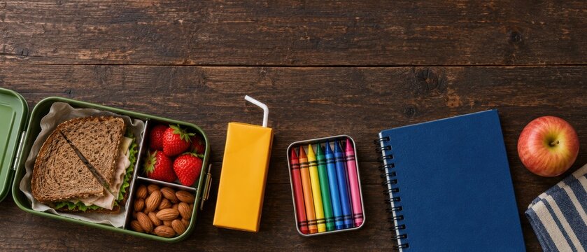 Top view of a school lunchbox with sandwich, strawberries and almonds beside a juice box, crayons, blue notebook and apple on a dark wooden table with copy space for school lunch and study