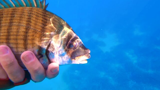 Underwater close up of a white seabream Diplodus sargo held by angler hands before being released into clear blue sea water