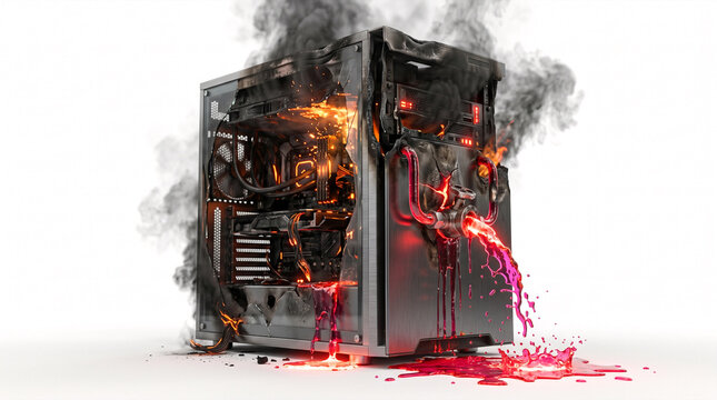 Burning computer tower with molten liquid and smoke signifies system failure