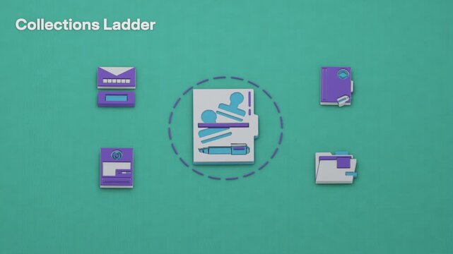 Collections brings a garnishment order into focus, with arrears, dunning, lien recording and subrogation awaiting attention. Flat 3D style with an English title card.