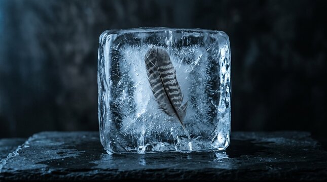 Striped bird feather frozen inside a transparent ice block on dark stone surface