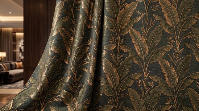 Luxury dark fabric curtain with bronze botanical tropical leaf pattern in modern interior